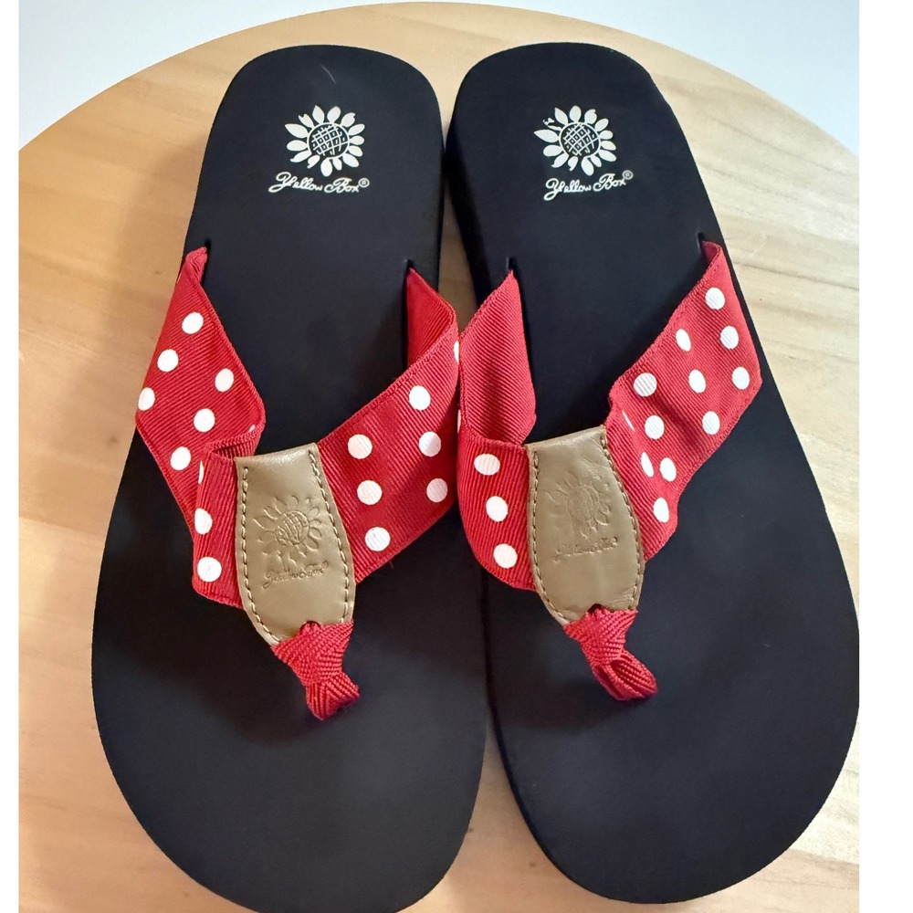 Yellow Box Women's 8 Red Polka‎ Dot Ribbon Flip Flop Platform Sandals Black Sole